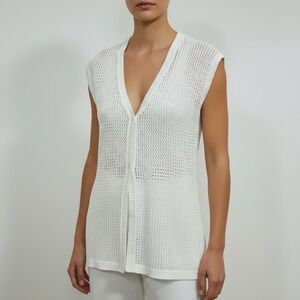 Women's‎ White Cotton Open Knit Sleeveless Cardigan Vest Two Button V Neck